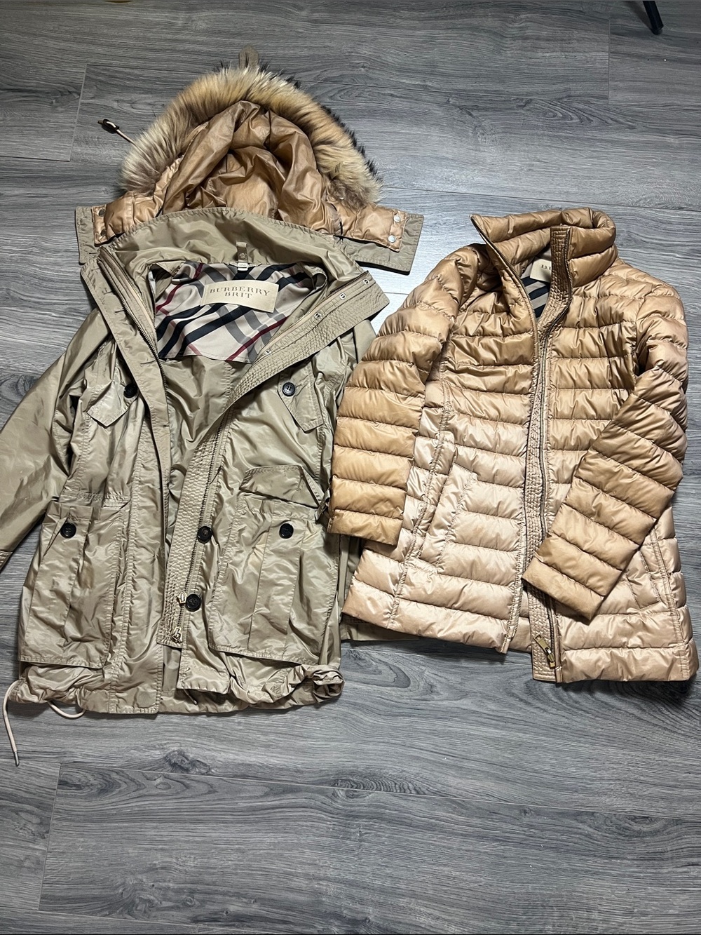 3-in 1 Burberry Beige/Tan Quilted Hooded Belted Parka with Faux Fur Trim - Picture 16 of 16